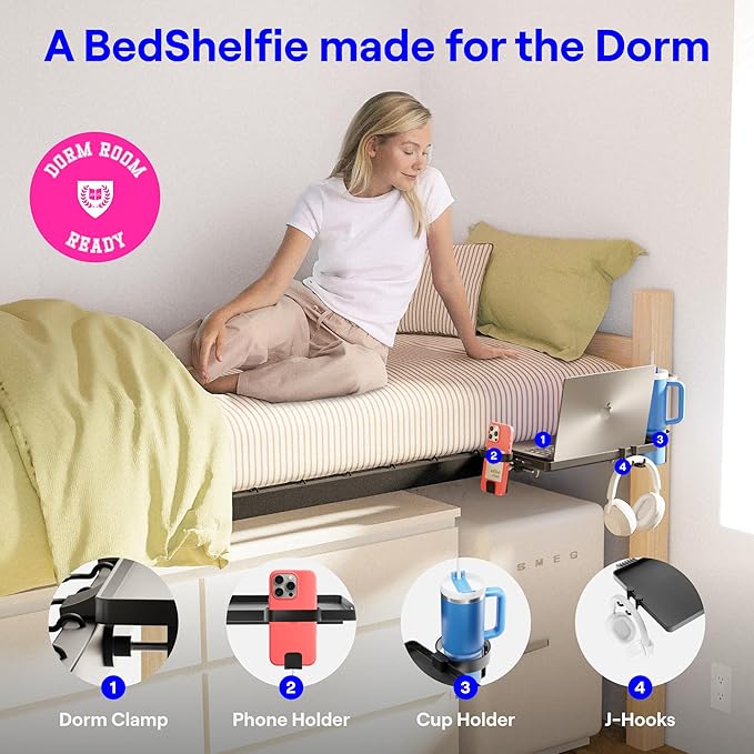 BedShelfie Bedside Shelf for Dorm Room Bunk Bed & Top Bunk, College Dorm Room Essentials, Bedside Caddy, Clip on Floating Tray, Bed Side Table Storage, Loft Nightstand Decor - Dorm Essential, Black-NeatNest