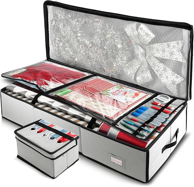 Hearth & Harbor Wrapping Paper Storage Container - Christmas Storage Bag with Ribbon Dispenser and Interior Pockets - Gift Wrap Organizer Fits Up to 26 Rolls of 40" Length, Silver-NeatNest