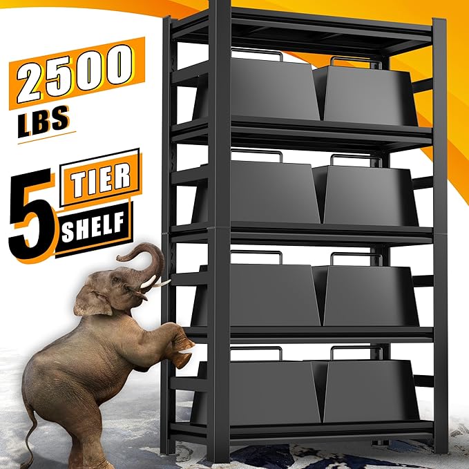 72''H Garage Shelving, Heavy Duty 36''W Storage Shelves, 2500lbs Adjustable 5 Tier Metal Shelves for Storage Rack, Commercial Garage Shelves, Industrial Utility Shelf,16" D X 36" W X 72" H,Black