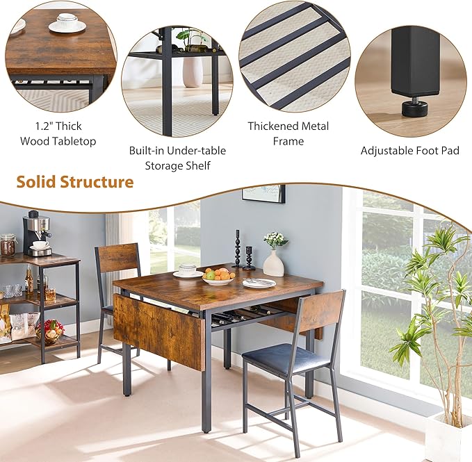 63.2" Folding Dining Table for 4-6 People, Drop Leaf Table with Storage Rack Extendable Kitchen Dinner Table for Small Spaces, Chairs Not Included (Brown)-NeatNest