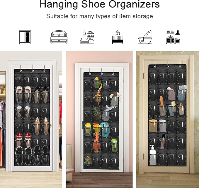 Over The Door Shoe Organizer - Space Saving Shoe Rack for Closet Door with 24 Pockets and Hook, Shoe Holder Back of Door Organizers for Shoes, Hanging Shoe Organizer (Black)-NeatNest