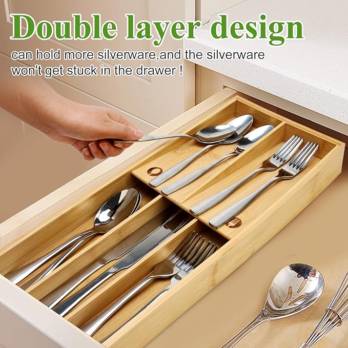 Bamboo Silverware Drawer Organizer Cutlery Tray for Drawer Wood Kitchen Utensil Tray Flatware Caddy Cutlery Holder Utensil Drawers Organizer for Spoon Fork Knives Wooden Silverware Trays-NeatNest