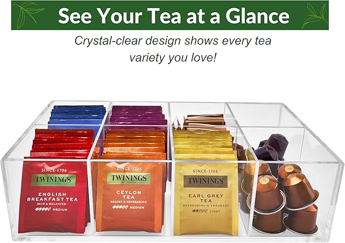 Acrylic Tea Bag Organizer - Clear Tea Storage Box, K Cup Coffee Pods Holder with 8 Compartments, Tea Station Organizer for Countertop, Modern Tea Display Stand-NeatNest