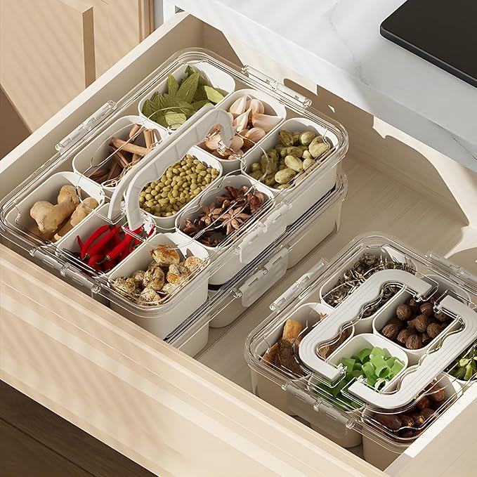 Divided Veggie Tray with Lid and Handle 9 Compartment Serving Tray with Dividers Portable Travel Snack Containers Stackable Snackle Box Charcuterie Container for Fruit,Vegetable,Salad (9 Containers)-NeatNest