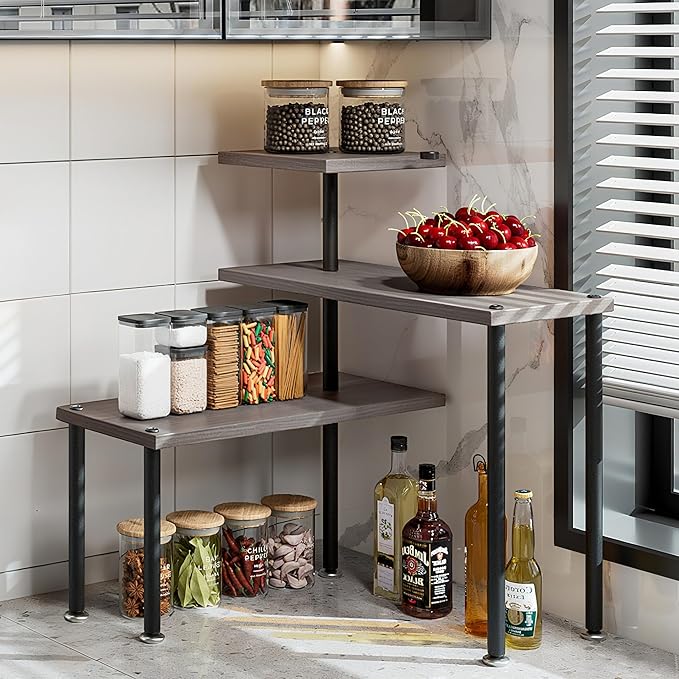 Countertop Organizer Organization 3 Tier Kitchen Corner Shelves Adjustable Spice Storage Rack for Bathroom Coffee Area Over Sink (Dark Gray Oak)-NeatNest