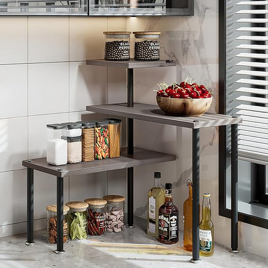 Countertop Organizer Organization 3 Tier Kitchen Corner Shelves Adjustable Spice Storage Rack for Bathroom Coffee Area Over Sink (Dark Gray Oak)-NeatNest