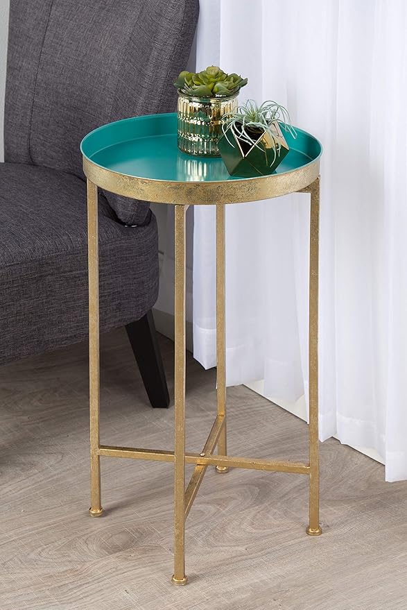 Kate and Laurel Celia Round Metal Foldable Tray Accent Table, Teal with Gold Base