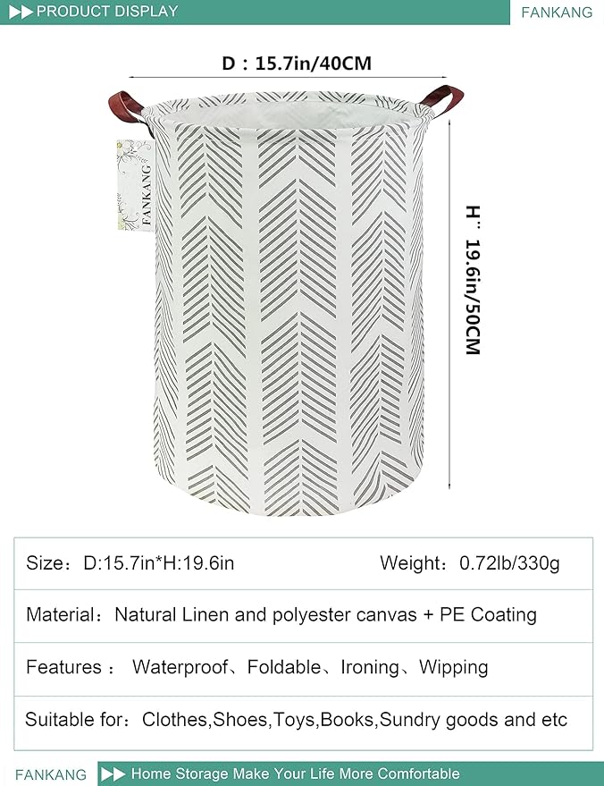 FANKANG Storage Basket, Nursery Hamper Canvas Laundry Basket Foldable with Waterproof PE Coating Large Storage Baskets for Kids Boys and Girls, Office, Bedroom, Clothes,Toys(Grey arrowhead)