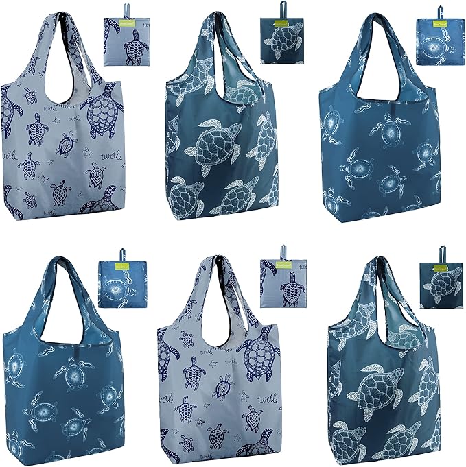 BeeGreen Sea Turtle Reusable Grocery Bags Large Tote Bag With Handles, Bulk Gift Foldable Shopping Bags for Women 6 Pack, Cute Cloth Bag, Heavy Duty, Washable For Beach, Holiday, Travel And Groceries-NeatNest