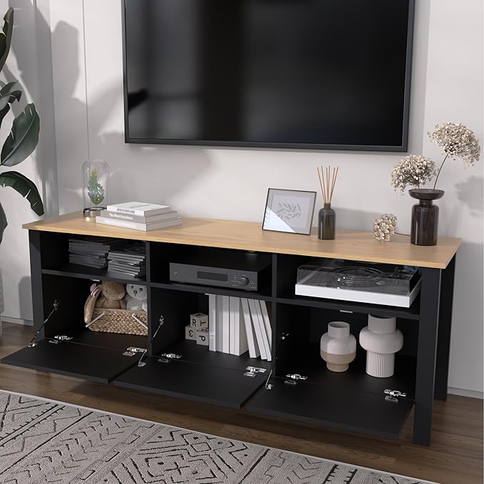 Black TV Stand, Entertainment Center for TVs Up to 55"/60"/65", Modern Media Console with 3 Cabinets for Living Room-NeatNest