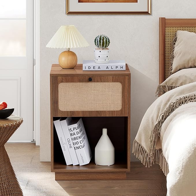Mid Century Night Stand with Drawer, Farmhouse End Table with Storage & Curved Linen Panel, Modern Nightstands Bedside Table Small Side Tables for Small Space, Bedroom (Walnut)