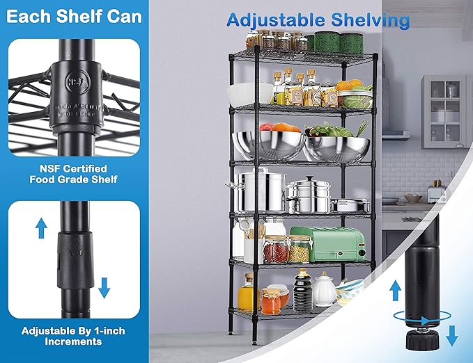6-Tier Metal Wire Shelving Unit Snack Shelf Height Adjustable Storage Rack NSF Certified Storage Shelves 1500 Lbs Capacity Standing Utility Shelf for Laundry Kitchen Pantry Garage Organization