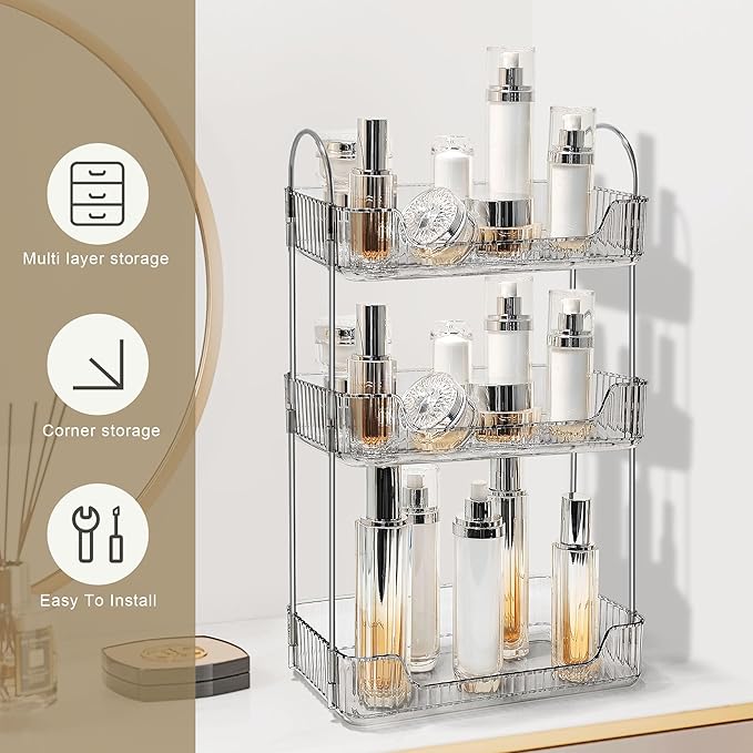 Bathroom Counter Organizer Countertop Storage Skincare Countertop Makeup Organizer Cosmetics Skincare Organizers Holder for Perfume-Grey-Silver Pole-3 Tier-NeatNest