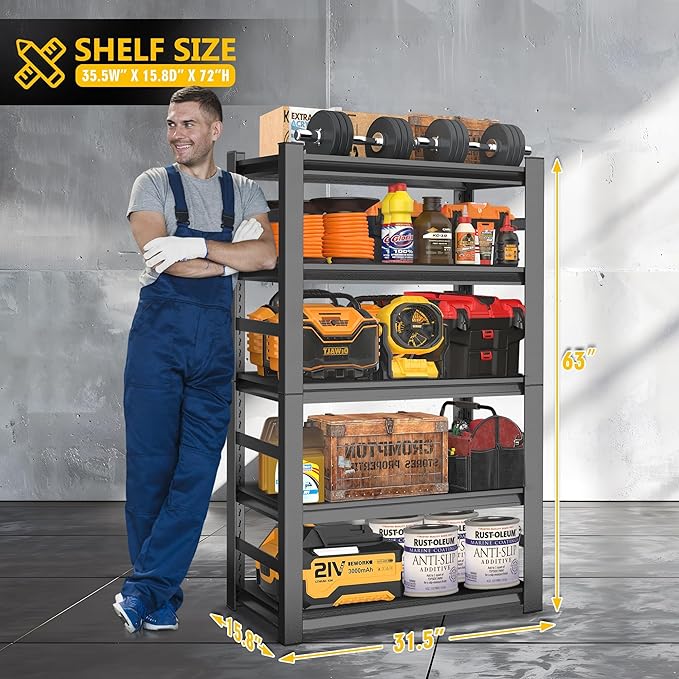 63" Heavy Duty Garage Shelving, 5-Tier Adjustable Storage Shelf, 2000lbs Capacity for Kitchen Garage Warehouse Organization-NeatNest