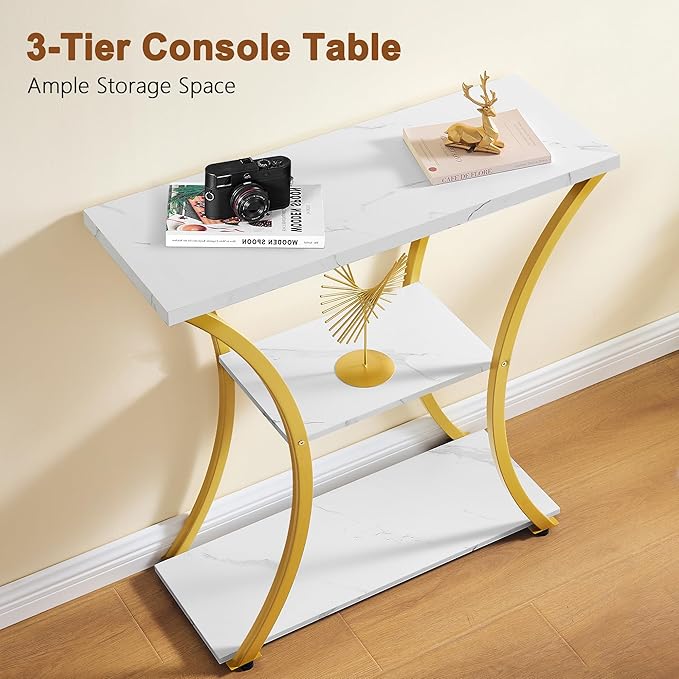 Hoctieon 3 Tier Console Table with Open Wood Shelves, Decorative Entryway Table with Curved Metal Frames, Narrow Sofa Table for Entrance, Living Room, Hallway, Gold and White Marbled-NeatNest