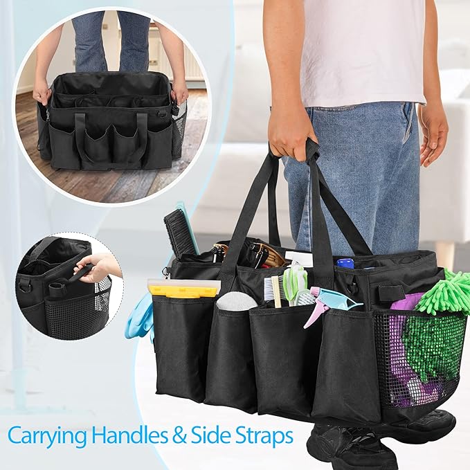 Extra-Large Cleaning Caddy, Organizer with Handles for Cleaning Tools & Products Storage, Large Capacity Tote Bag for Car, Home & Housekeeping Work, Black
