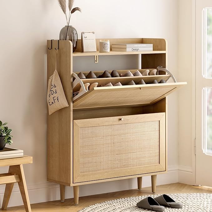 Rattan Shoe Cabinet with 2 Flip Drawers, Mid Century Modern Shoe Organizer, Boho Wooden Hidden Slim Narrow Shoe Rack Cabinet for Entryway, Hallway, Natural Oak-NeatNest