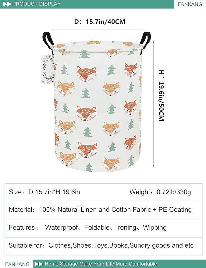 FANKANG Storage Basket, Nursery Hamper Canvas Laundry Basket Foldable with Waterproof PE Coating Large Storage Baskets for Kids Boys and Girls, Office, Bedroom, Clothes,Toys(Fox )