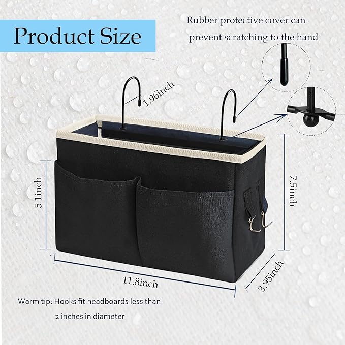 Bedside Caddy Bedside Hanging Storage Basket Multi-Function Organizer Caddy for Bunk and Hospital Beds Dorm Rooms Bed Rails, Can be Placed Glasses Books Mobile Phones(Black)-NeatNest