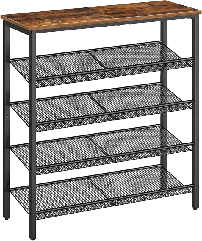 HOOBRO Shoe Rack for Entryway, 5-Tier Shoe Organizer with Adjustable Mesh Shelves, 16-20 Pairs of Shoes, Spacious Floor Mount, Metal, Industrial, Shoe Shelf for Closet, Rustic Brown BF12XJ01-NeatNest