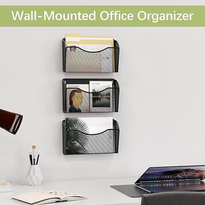 EasyPAG 3 Pack Wall File Holder, Single Mesh Hanging File Organizer for A4 Letter Size Paper, Wall Mount Paperwork Basket for Office, Home, School, Black