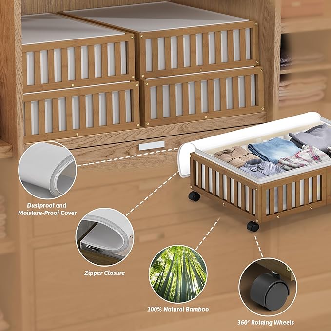 Bamboo Under Bed Storage Containers with Wheels, Rolling Under the Bed Shoe Storage Bins, Wood Stackable Underbed Drawers with Bag Organizer for Bedroom Closet Clothing Under Crib Toy Walnut 1PCS-NeatNest