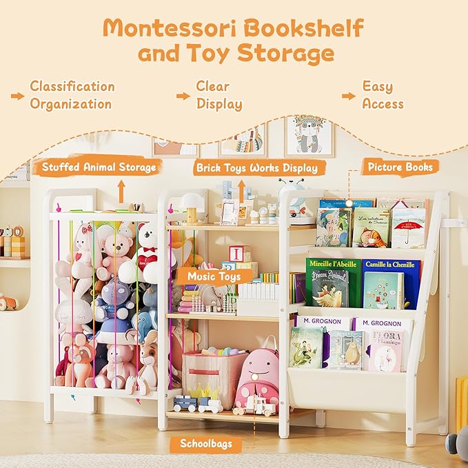 B1 Kids Bookshelf and Toy Storage, 3-Tier Book Shelf for Kids Rooms, Sling Baby Bookcase with Stuffed Animal Storage, Montessori Toddler Bookshelf for Nursery, Bedroom, Playroom Burlywood