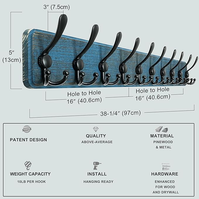 Dseap Coat Rack Wall Mount - 38-1/4" Long, Heavy-Duty, 10-tri-Hooks, Barnwood-Style Wooden Wall Coat Hanger Hook Rail for Winter Coats Hat Jacket Clothing, Weathered Blue & Black, Pack of 2