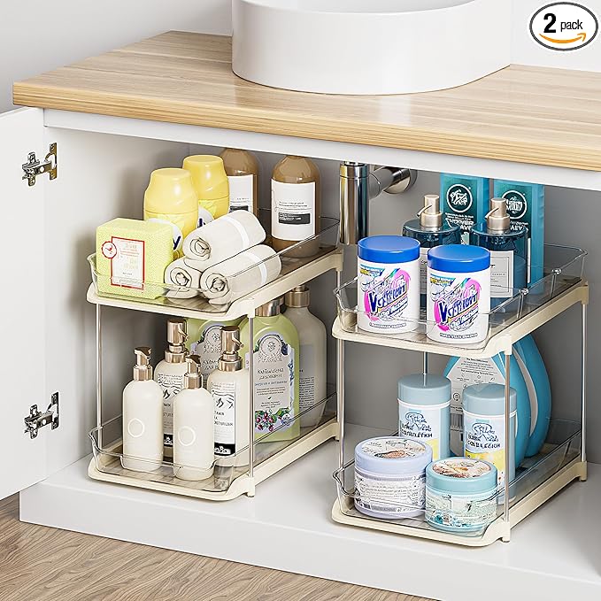 Delamu 2 Sets of 2-Tier Multi-Purpose Bathroom Cabinet Under Sink Organizers and Storage, Stackable Kitchen Pantry Organization and Storage, Beige-NeatNest