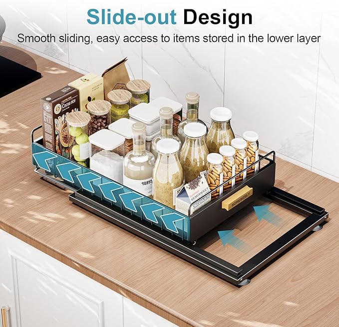 Under Sink Organizer, Kitchen Under Sink Organizers and Storage, Mute Pull Out Cabinet Organizer Shelf, Metal Sliding Drawer for Kitchen Bathroom Pantry Cabinet Closet Organization Rack, Black-NeatNest
