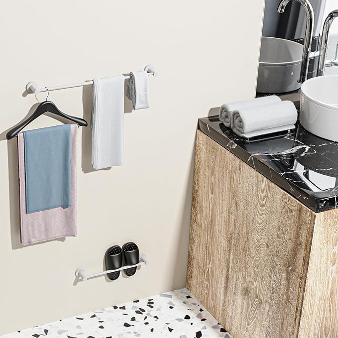 Adjustable Single Bath Towel Bar 16 to 27.6 Inch, ZUEXT Oil Rubbed White Stainless Steel Towel Holder Hanger,Expandable Wall Mount Towel Rail for Bathroom Kitchen,1" Tube Towel Rail Racks w/Hooks