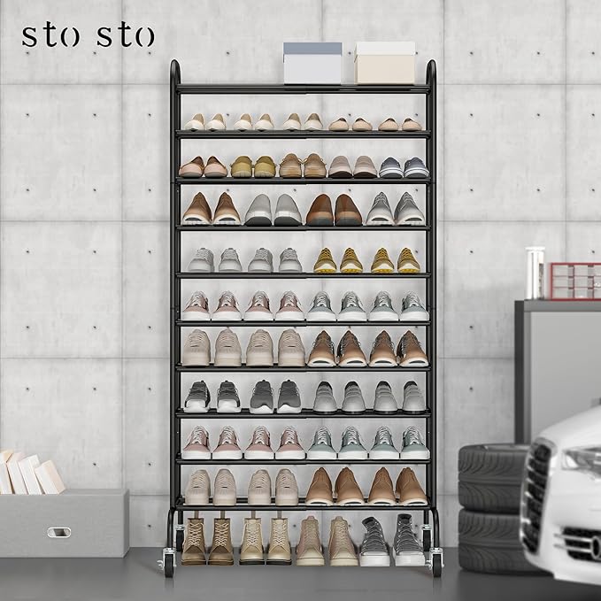 STO STO Expandable Shoe Rack, 10-Tier Metal Tall Shoe Rack for Garage, Up to 44 Pairs Adjustable Shoe Rack Storage for Front Door Entrance, Free Standing Shoe Rack Organizer for Entryway, Black-NeatNest