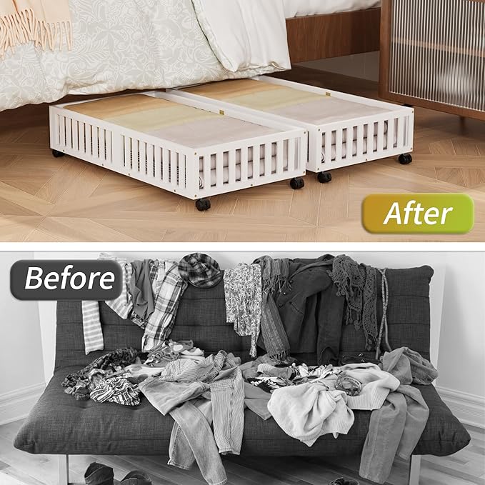 Bamboo Under Bed Storage with Wheels (2-Pack) – Rolling Underbed Shoe Organizer Box for Shoes, Blankets, Toys, Clothes Container Space-Saving Organizer Bins for Bedroom, Closet, Dorm, Nursery-NeatNest