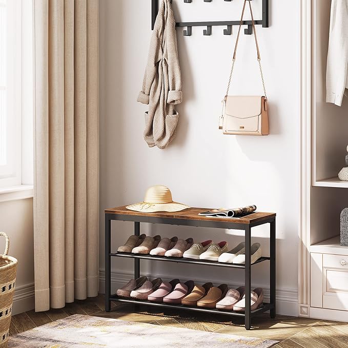 HOOBRO Shoe Bench, 3-Tier Shoe Rack, Industrial Shoe Organizer Storage Bench, 29.5 inches Entry Bench with Mesh Shelves, for Entryway, Living Room, Hallway, Easy Assembly, Rustic Brown BF75HX01-NeatNest