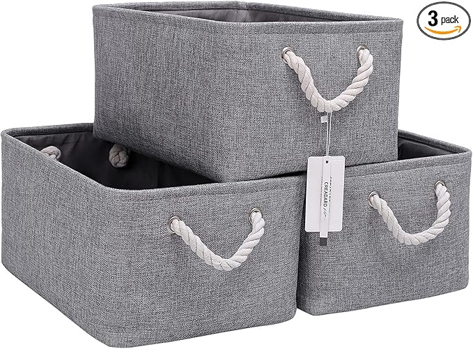 Fabric Storage Basket Set of 3, Foldable Linen Storage Box for Nursery and Home, Collapsible Canvas Shelf Basket for Wardrobe or Bedroom, Grey