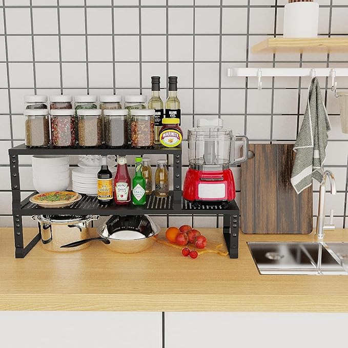 Expandable Cabinet Shelf Organizer Storage Spice Rack Shelves for Kitchen Stackable Adjustable Pantry Cupboard Bathroom Countertop Desktop(2Packs/Black/Medium-with Hole)-NeatNest