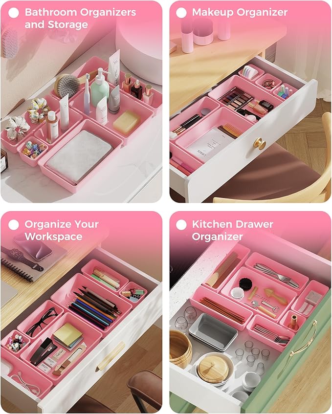 25 PCS Plastic Drawer Organizers Set, 4-Sizes Vanity and Makeup Organizer, Desk and bathroom Drawer Organizer Trays, Organizers and Storage for Makeup, Jewelry, Gadgets, Utensils (Pink)-NeatNest