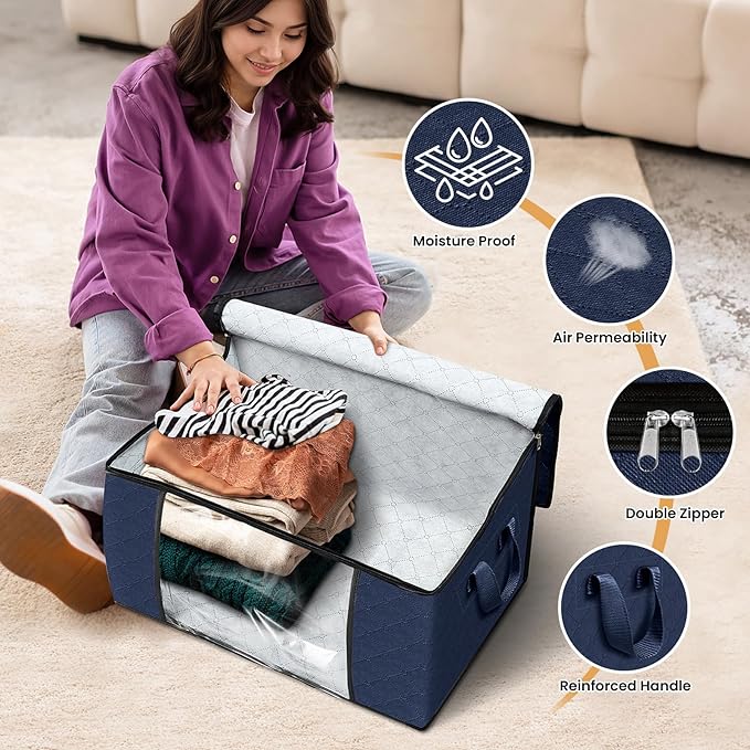 Fab totes 6 Pack Clothes Storage, Foldable Thick Fabric Blanket Storage Bags, Containers for Organizing Bedroom, Closet, Clothing, Comforter,Closet Organization with Handle,Blue-NeatNest