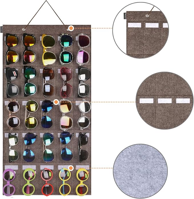 AROUY Sunglasses Organizer - Hanging Wall Pocket with 25 Felt Slots - Sunglass & Eyeglass Display with Sturdy Rope (Dark Gray, Large)-NeatNest