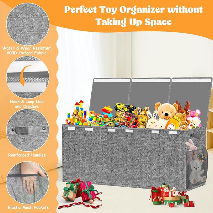 Extra Large Toy Box, Toys Chest for Toddlers with Lids, Collapsible Toy Storage Organizer, Kids Bin Boxes Storage Basket for Boys, Girls, Nursery, Living Room, Playroom, 40"x14"x16", Gray