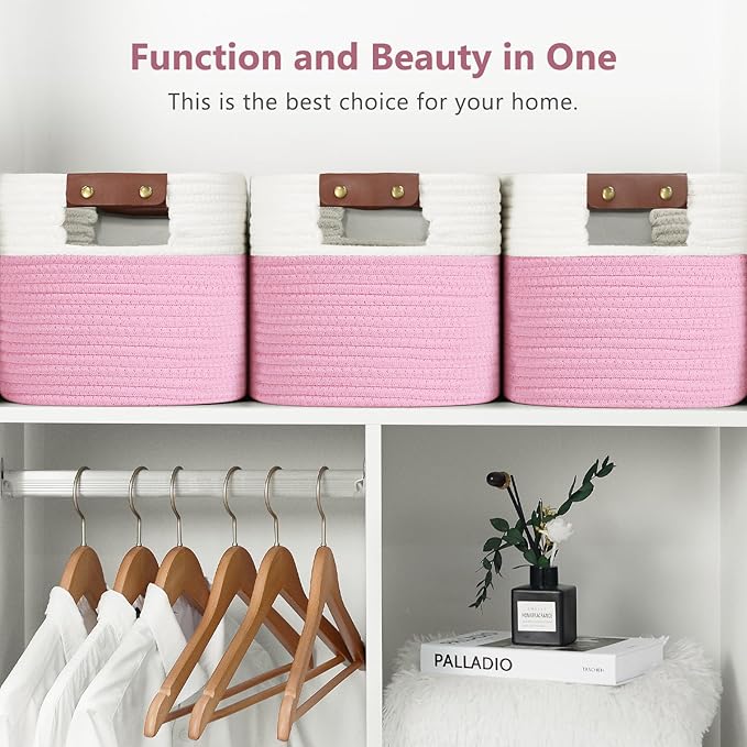 Cotton Rope Basket , Storage Baskets with Handle, 15x10x9 Inch Woven Basket for Shelves, Laundry, Towels, Clothes, Books, Toys (White/Pink 2Pack)-NeatNest