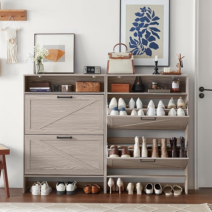 Shoe Storage Cabinet with 2 Flip Drawers,Farmhouse Narrow Shoe Organizer with Legs,Freestanding Hidden Slim Shoe Rack Cabinet with Open Storage for Entryway,Hallway, Foyer, Grey-NeatNest