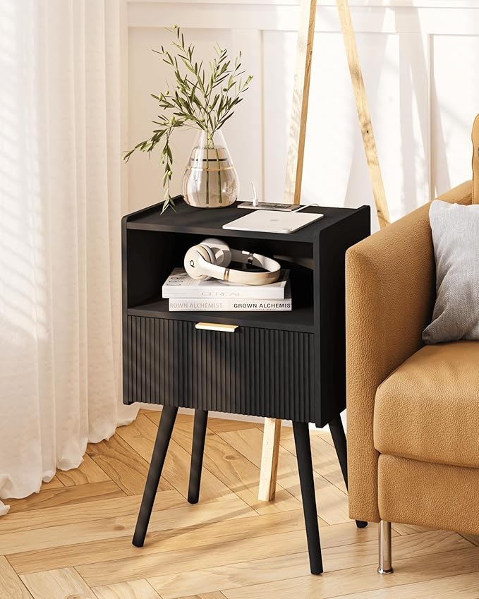 Black Nightstand with Outlet,Modern Bedside Table with Storage Drawer and Open Wood Shelf, for Living Room, Bedroom and Small Spaces, Accent Night Stand with Solid Wood Legs, Easy Assembly-NeatNest