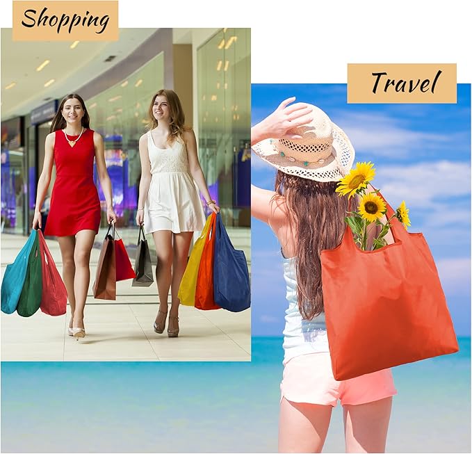 BeeGreen Foldable Travel Bag Reusable Shopping Bags for Groceries - 6 Pack Large Collapsible Bags - Lightweight Machine Washable Tote Bags - Colorful Kitchen Grocery Bags (Red, Orange, Green)-NeatNest