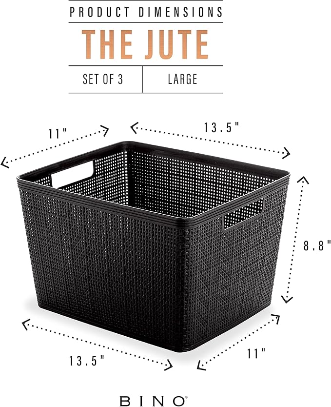 BINO | Woven Plastic Basket | Large (Black), 3-Pack | THE JUTE COLLECTION | Home Organization, Space - Saving Storage, Stylish Design | Jute Basket | Plastic Storage Basket-NeatNest