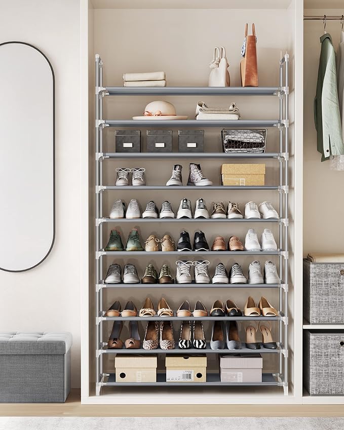 SONGMICS 10-Tier Shoe Rack, Shoe Storage for Hallway Closet, Slim and Space-Saving, Metal Frame, Non-Woven Fabric Shelves, Grey ULSR10G-NeatNest