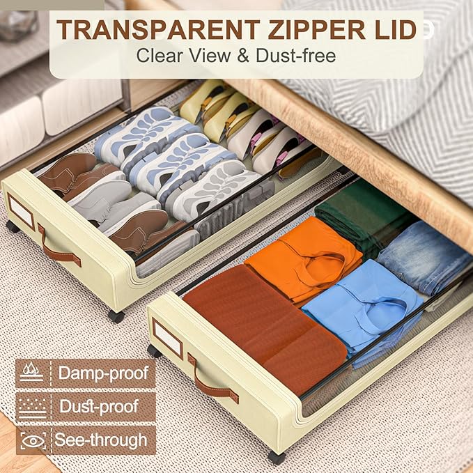 GoMaihe Under Bed Storage with Wheels: XXL Underbed Storage Containers with Lids - Rolling Bins for Shoes Clothes in Dorm Bedroom - Metal Drawers Easy Pull-out Beige 4-Pack-NeatNest