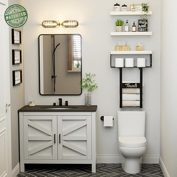 Bathroom Shelves Over Toilet - Floating Shelf for Wall Above Toilet Towels Holder Small Farmhouse Decor Shelves (15.7 inch, Set of 3, Distressed White and Black)-NeatNest