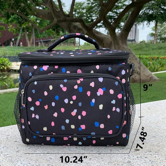 FlowFly Insulated Reusable Lunch Bag Adult Large Lunch Box for Women and Men with Adjustable Shoulder Strap,Front Zipper Pocket and Dual Large Mesh Side Pockets,BlackFlower-NeatNest