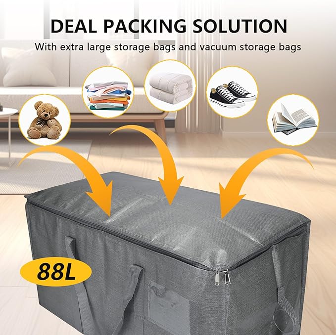 Extra Large Storage Bags Set Heavy Duty Moving Totes with Handles, Way Carrying Design For Dorm Room Essentials & College Moving Supplies, (Gray, 14 Park-4 Moving bag & 10 Vacuum Seal Bags)